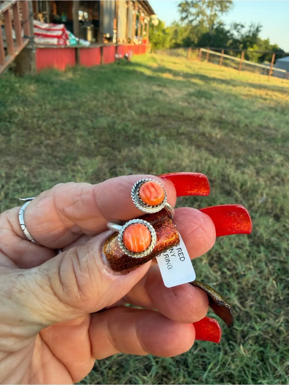 Sterling Silver Orange /red spiny Adjustable Ring - handmade Navajo